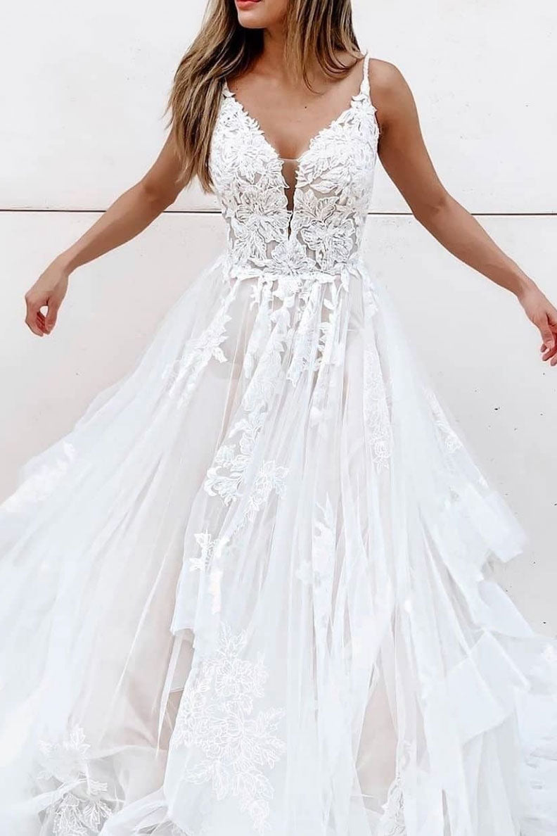 White A-line tulle lace long prom dress white lace long evening dress ...