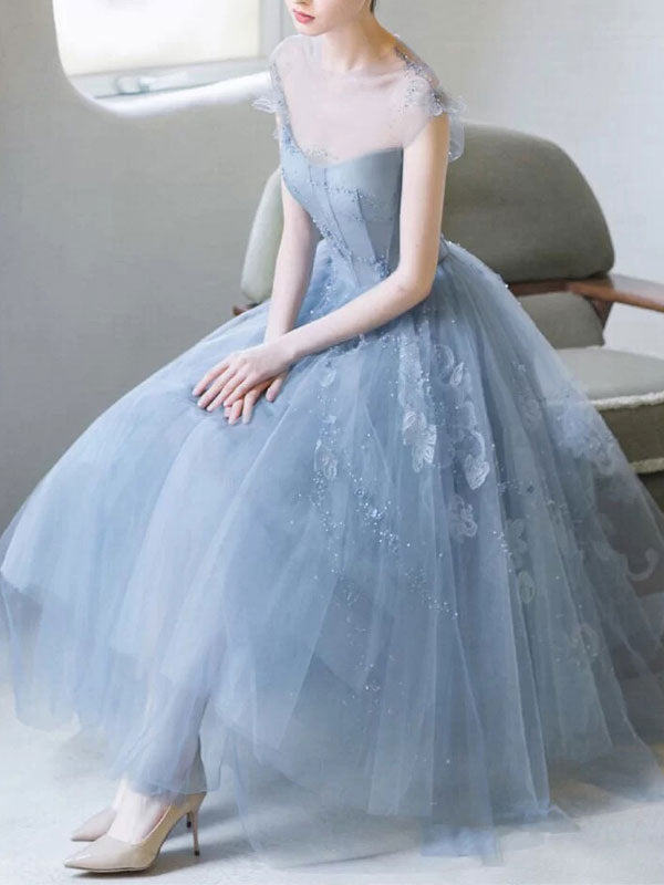 Blue round neck tulle lace short prom dress, blue homecoming dress shdress Blue round neck tulle lace short prom dress, blue homecoming dress shdress