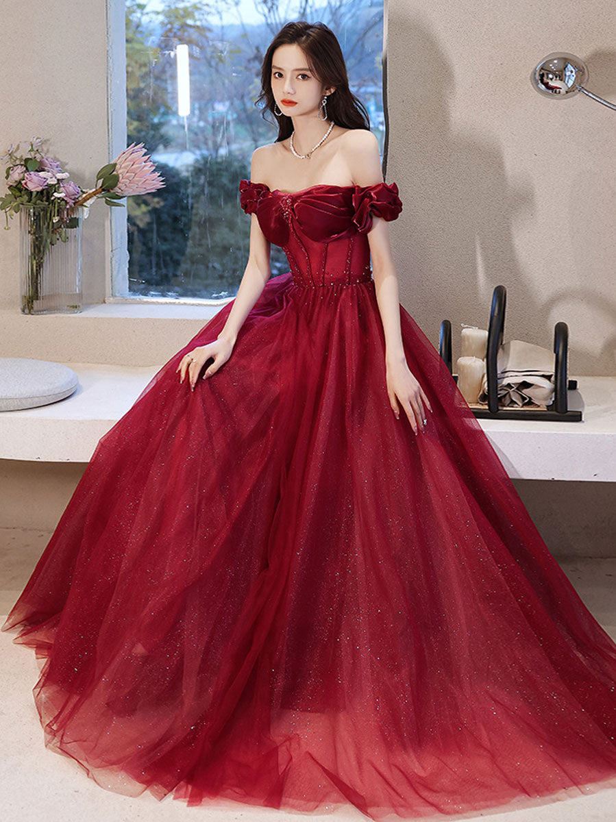 
                  
                    Burgundy off shoulder tulle long prom dress, burgundy evening dress
                  
                