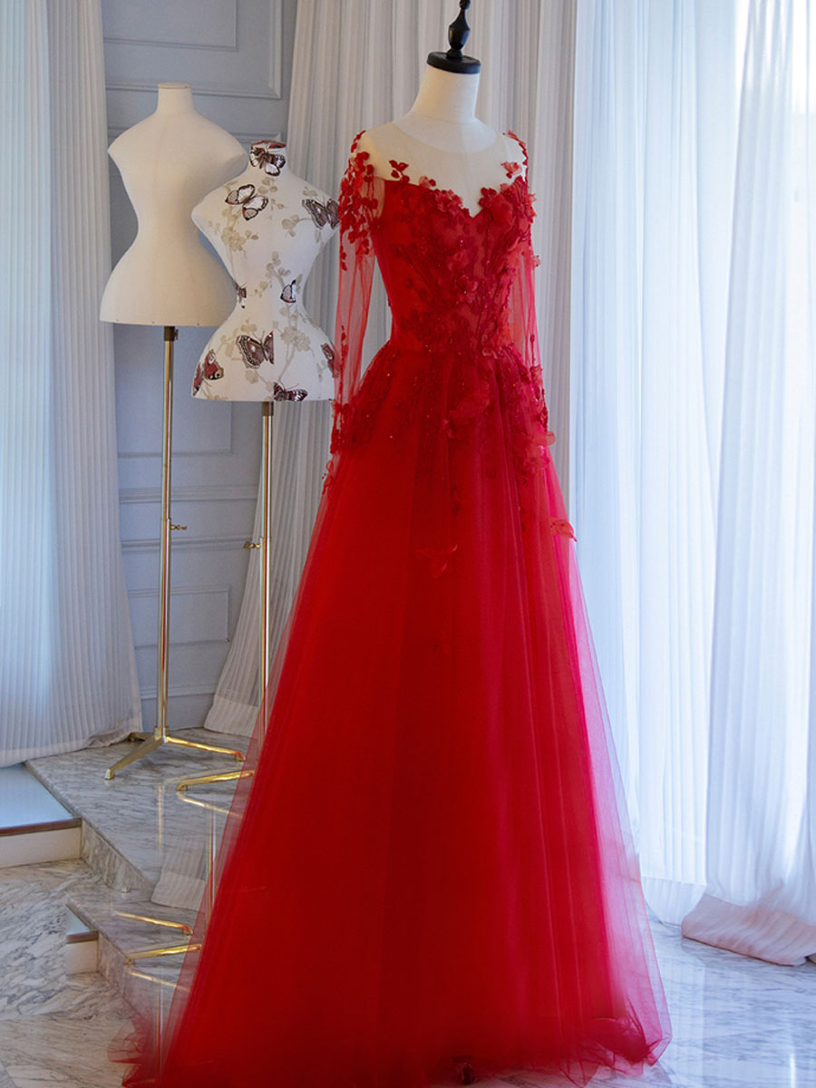 Red round neck tulle lace long prom dress, red evening dress shdress Red round neck tulle lace long prom dress, red evening dress shdress