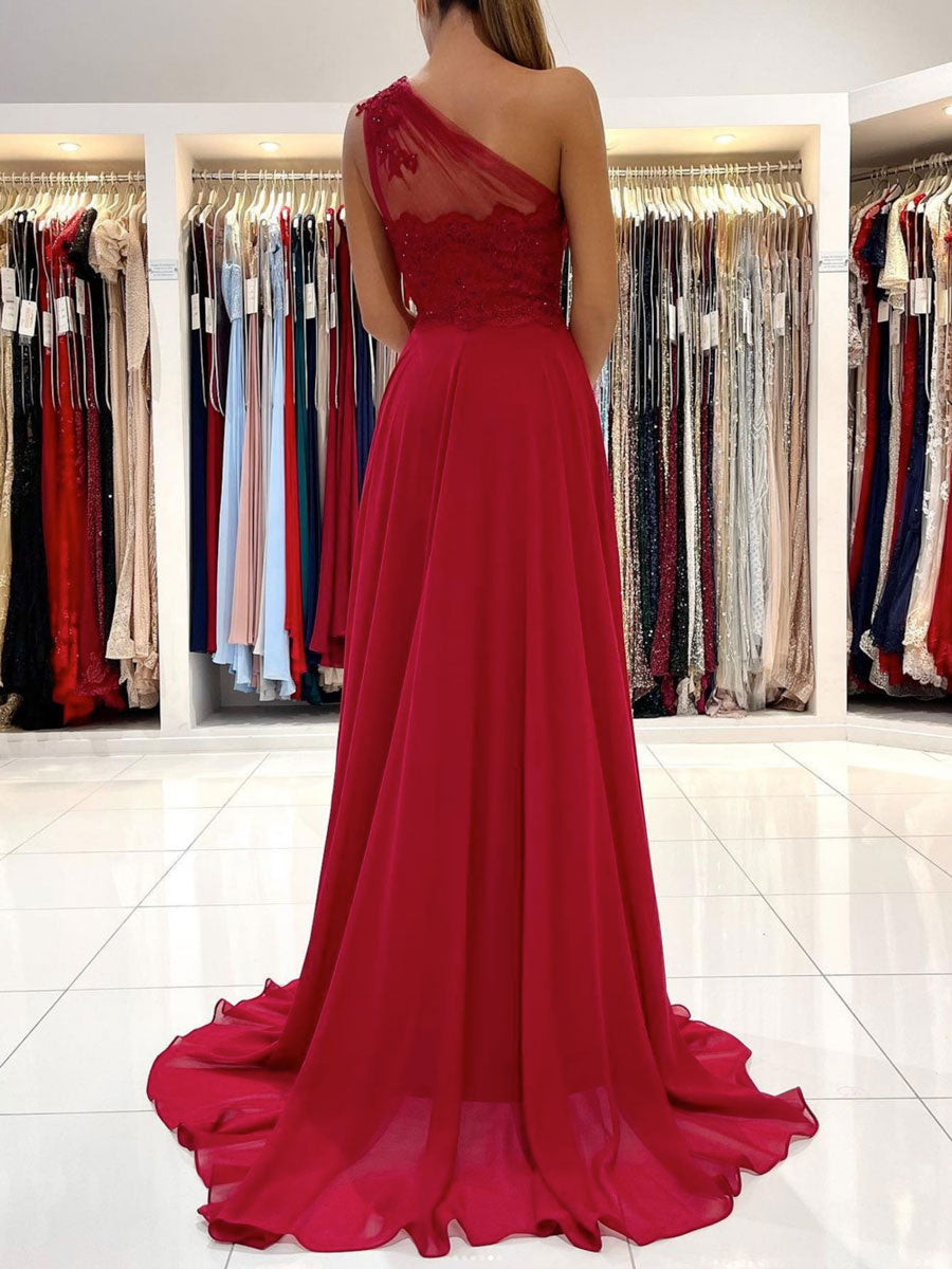 Red one shoulder chiffon lace long prom dress, red evening dress – shdress