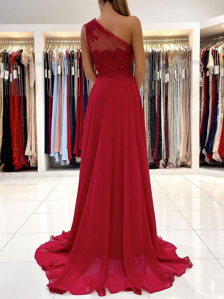 red one shoulder chiffon dress Red Chiffon One Shoulder One sleeve prom Dress with Cape