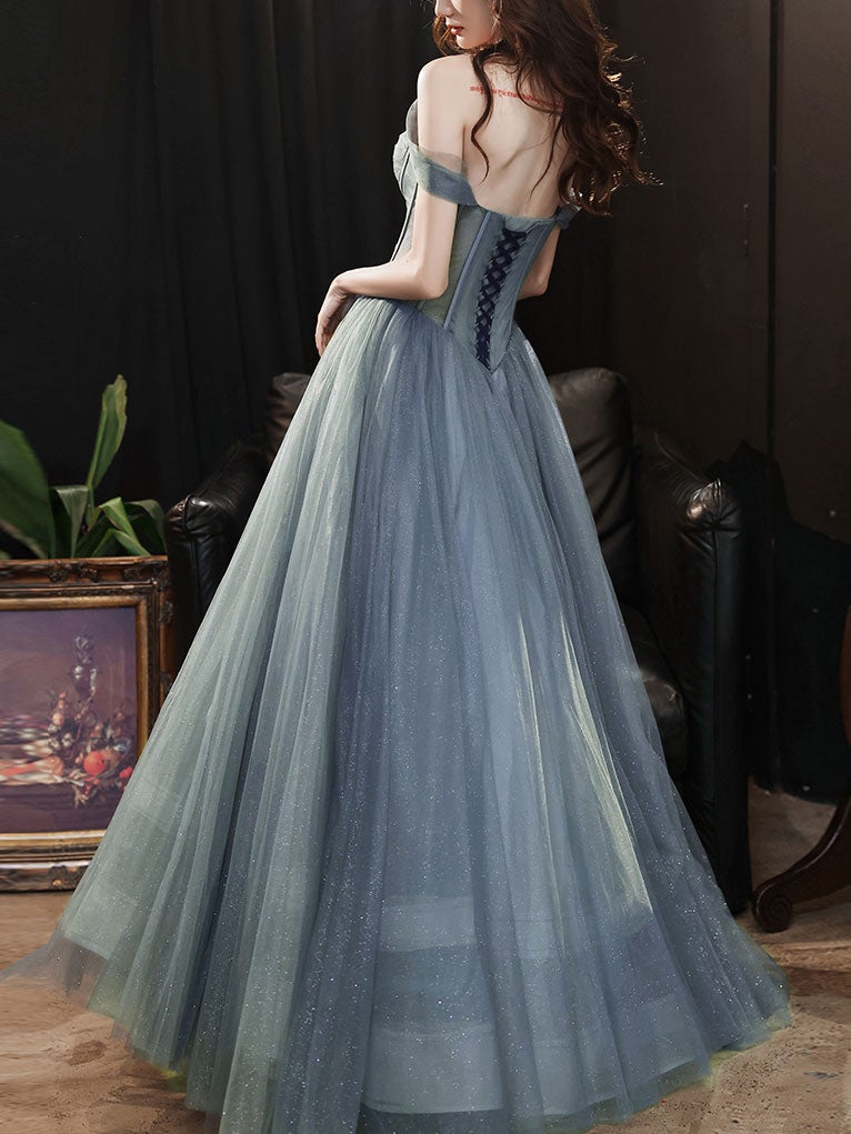 Gray blue tulle long prom dress, gray tulle formal dress – shdress Gray blue tulle long prom dress, gray tulle formal dress – shdress