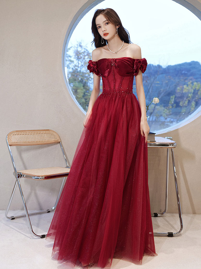 V Neck Tulle Burgundy Prom Dress With Beads, Burgundy Lace Evening Dre –  abcprom