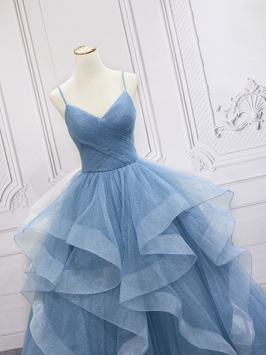 Blue A line tulle sequin long prom dress, blue tulle formal dress – shdress