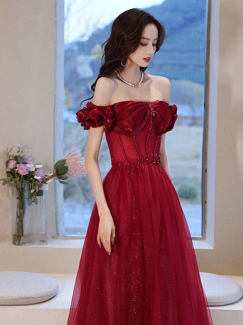 Burgundy off shoulder tulle long prom dress, burgundy evening dress shdress Burgundy off shoulder tulle long prom dress, burgundy evening dress shdress