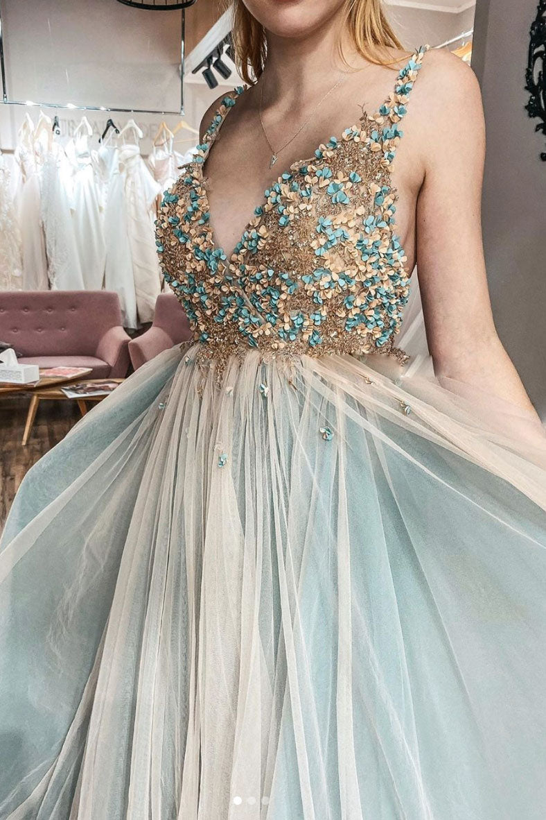 Unique v neck tulle lace long prom dress tulle formal dress