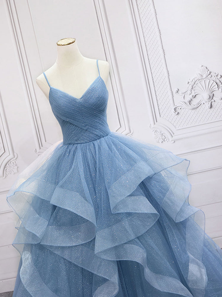 
                  
                    Blue tulle sequin long prom dress, blue tulle formal dress
                  
                