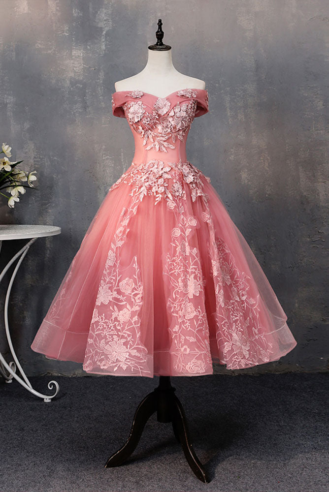 
                  
                    Pink tulle lace off shoulder short prom dress, pink evening dress
                  
                