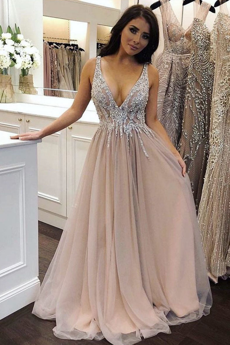 Champagne v neck tulle sequin long prom dress, tulle evening dress