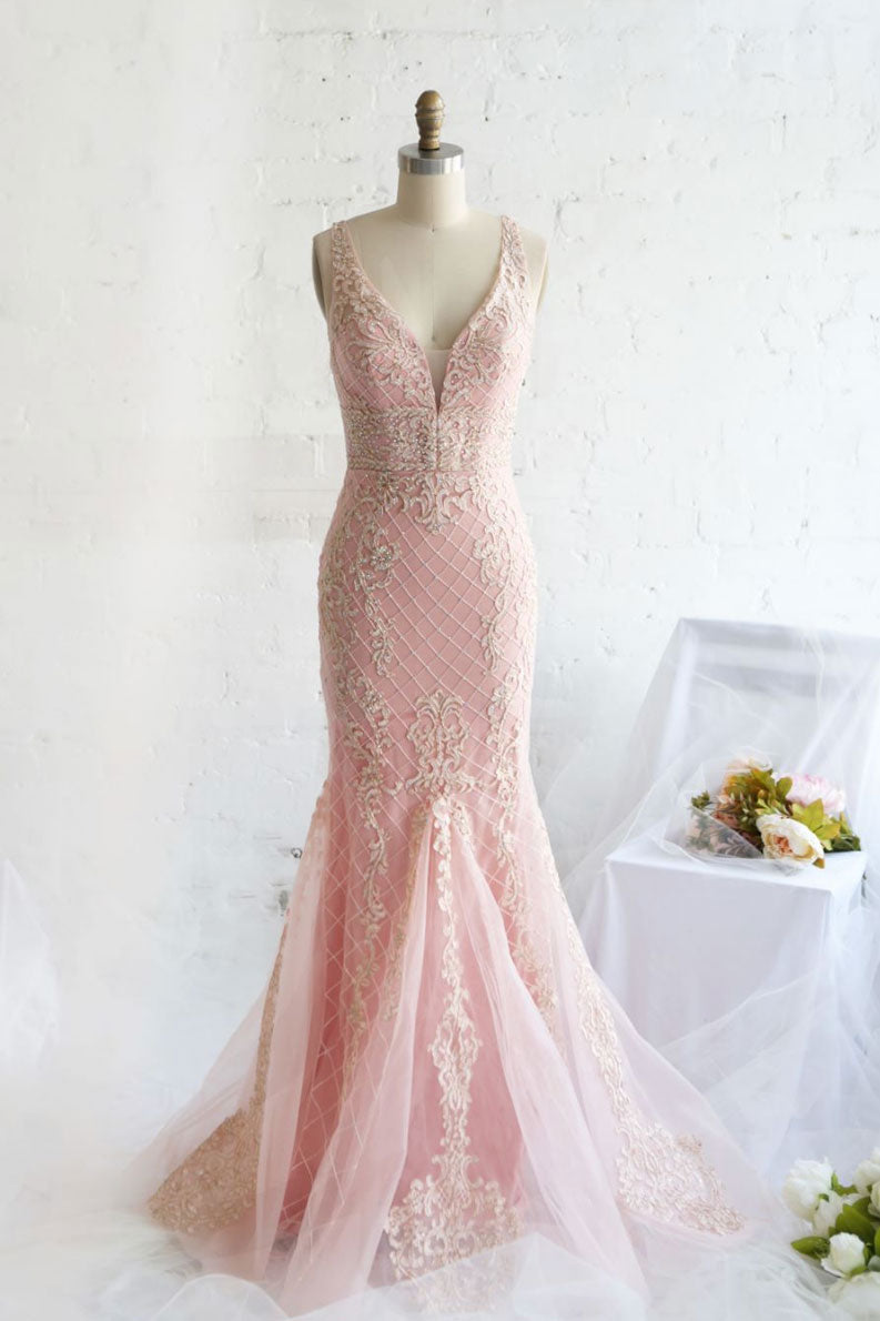 Pink v neck tulle lace mermaid long prom dress, pink evening dress