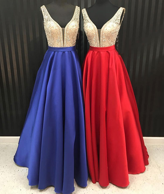 Unique v neck beads long prom dress, evening dress - shdress