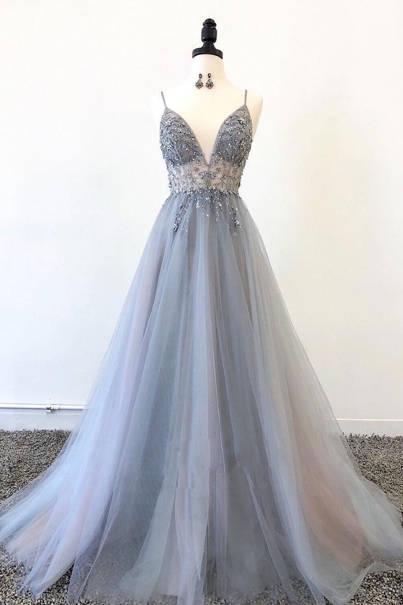Gray v neck tulle beads long prom dress, gray  evening dress