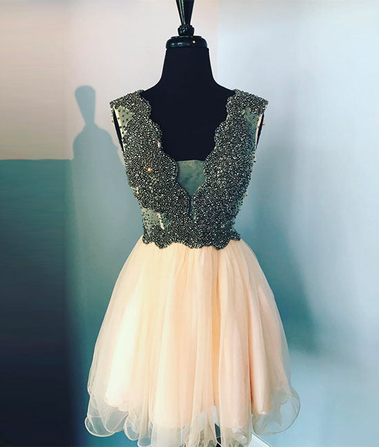 
                  
                    Cute v neck champagne tulle beads short prom dress, homecoming dress - shdress
                  
                