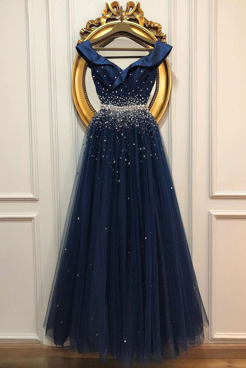 Dark blue tulle sequin long prom dress, tulle evening dress