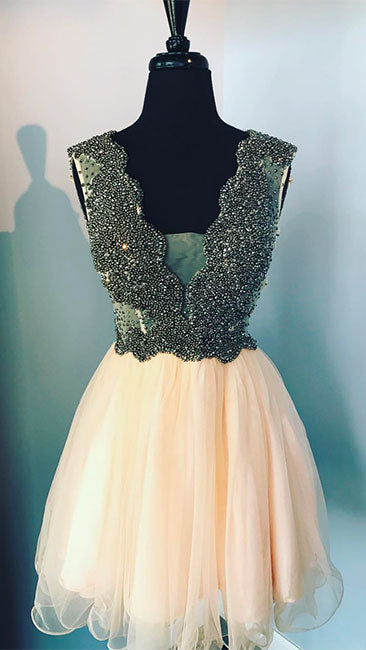Cute v neck champagne tulle beads short prom dress, homecoming dress - shdress