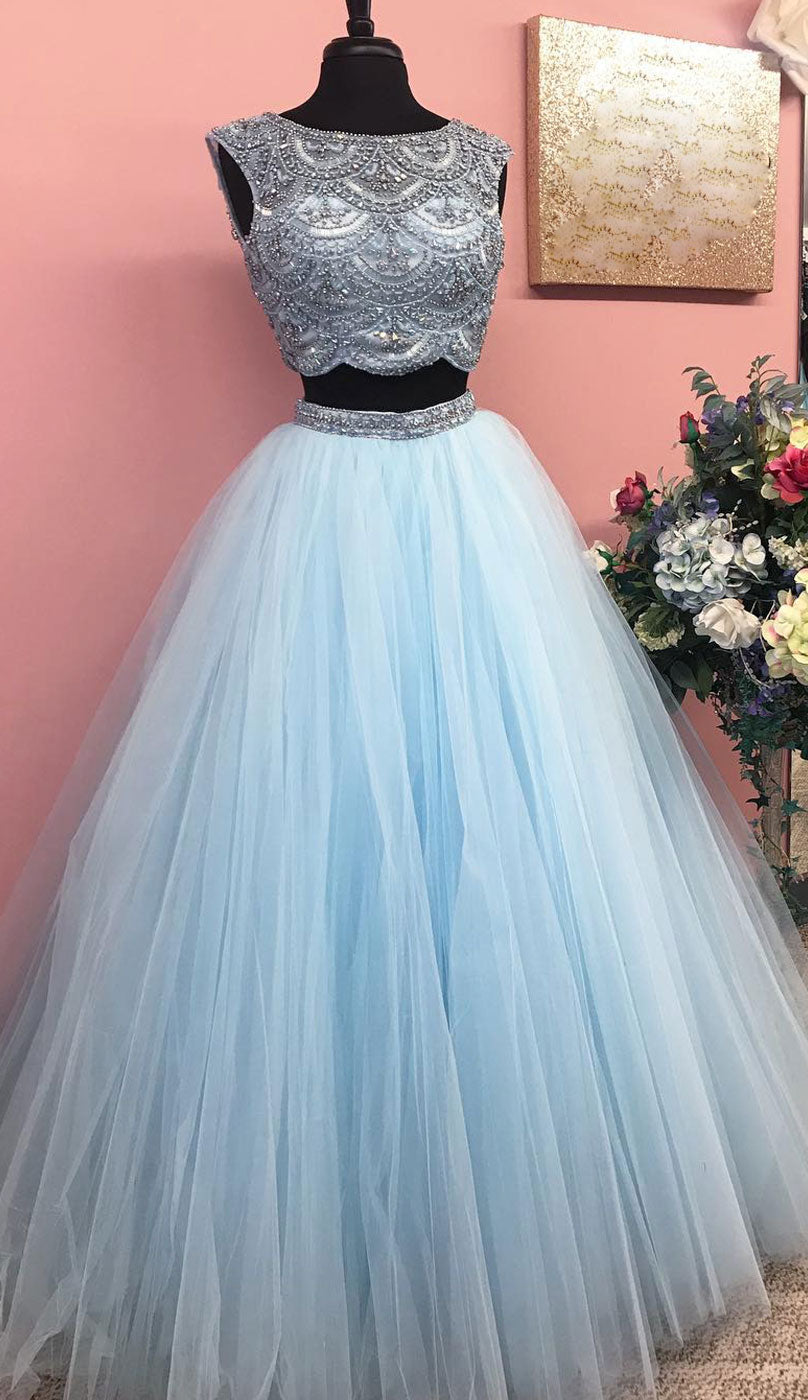 Blue beads tulle long prom dress, blue evening dress - shdress