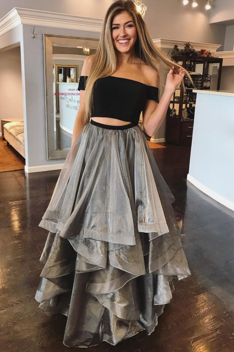 Gray two pieces tulle long prom dress, gray evening dress