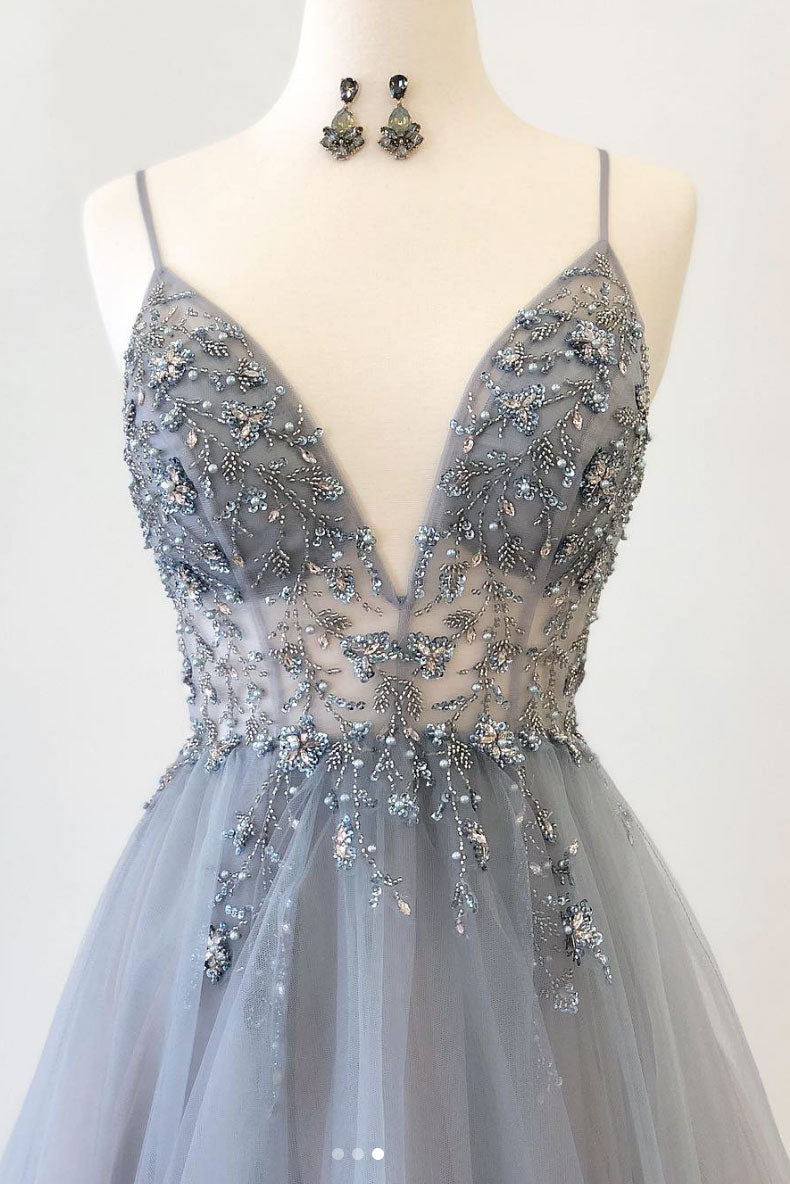 Gray v neck tulle beads long prom dress, gray  evening dress