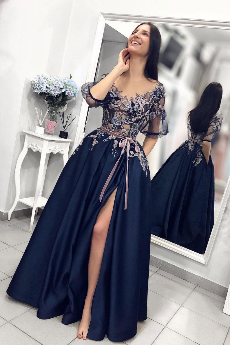 Unique dark blue lace long prom dress, blue evening dress