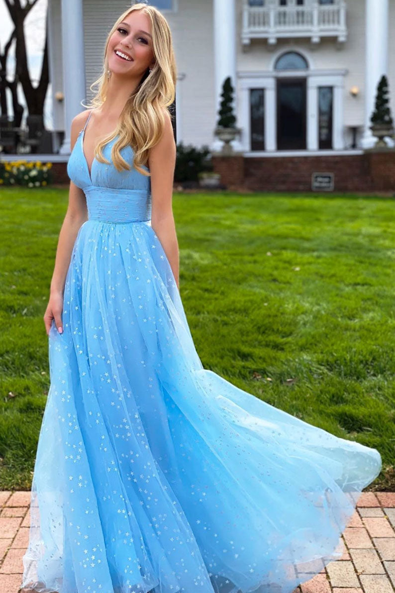 Simple blue v neck tulle long prom dress blue tulle formal dress