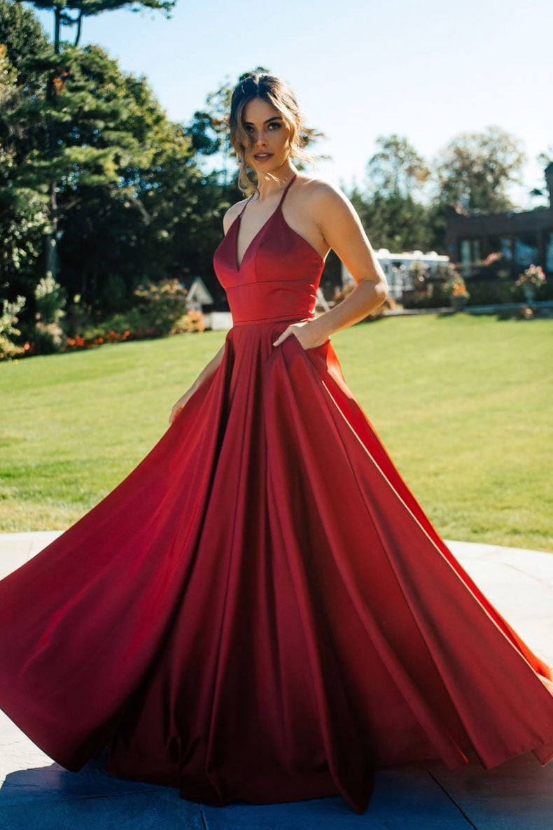 Simple v neck satin long prom dress red evening dress Simple v neck satin long prom dress red evening dress