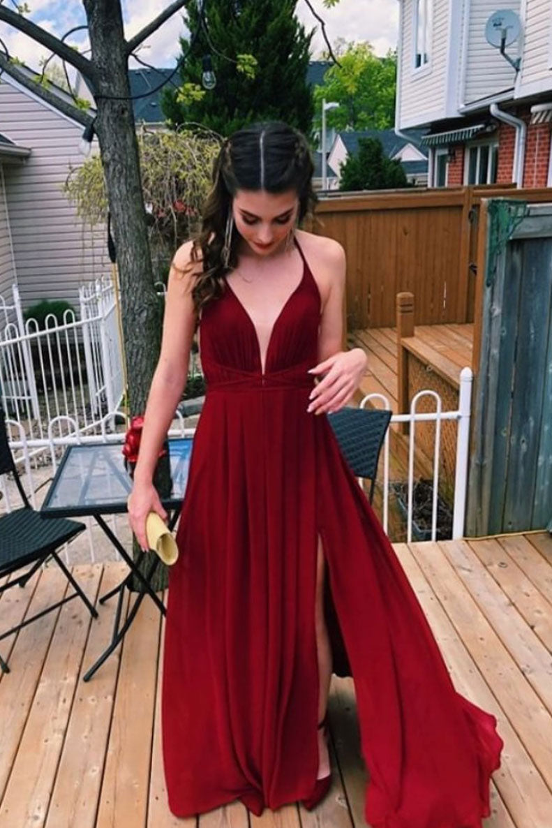 Simple v neck chiffon burgundy long prom dress, burgundy evening dress shdress Simple v neck chiffon burgundy long prom dress, burgundy evening dress shdress