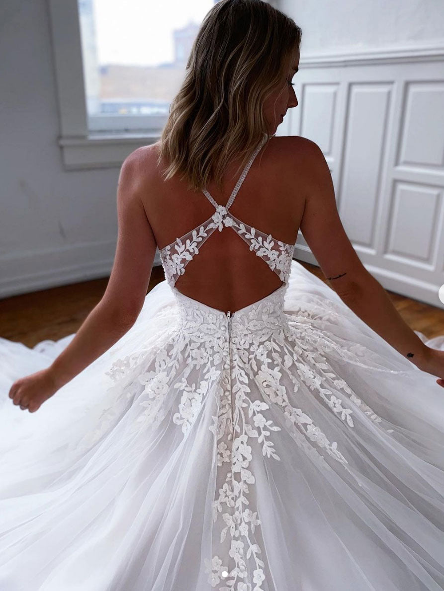White v neck tulle lace long prom dress, lace evening dress