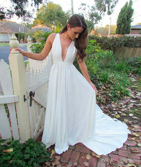 Simple v neck white long prom dress, white evening dress - shdress