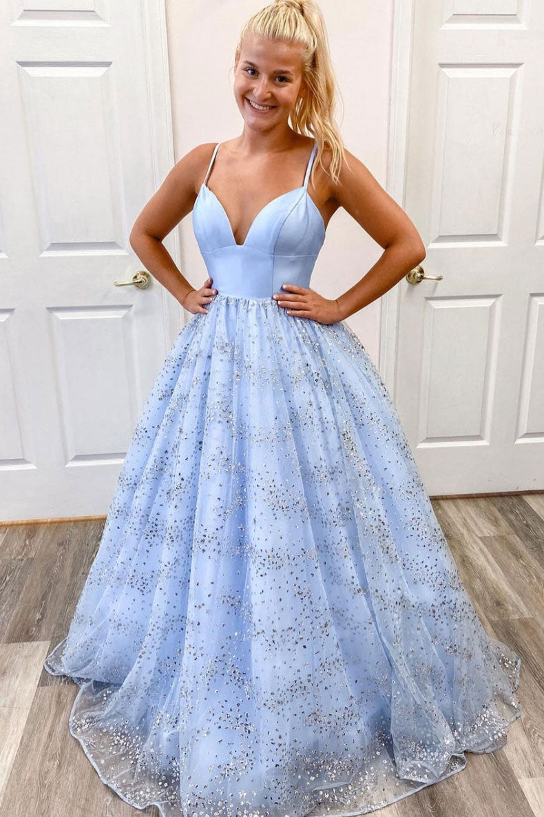 Blue v neck tulle sequin long prom dress blue tulle formal dress – shdress