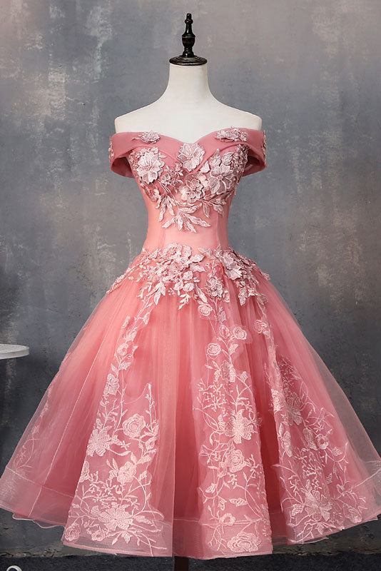 
                  
                    Pink tulle lace off shoulder short prom dress, pink evening dress
                  
                