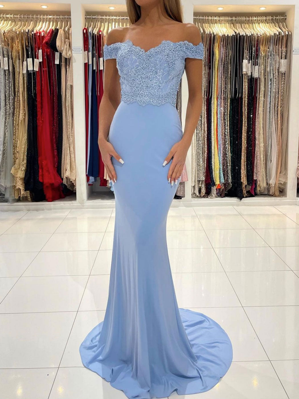 
                  
                    Blue chiffon lace mermaid long prom dress, blue lace evening dress
                  
                