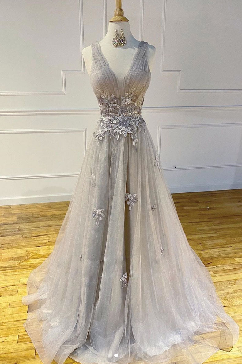 Gray  v  neck tulle lace long prom dress gray lace evening dress