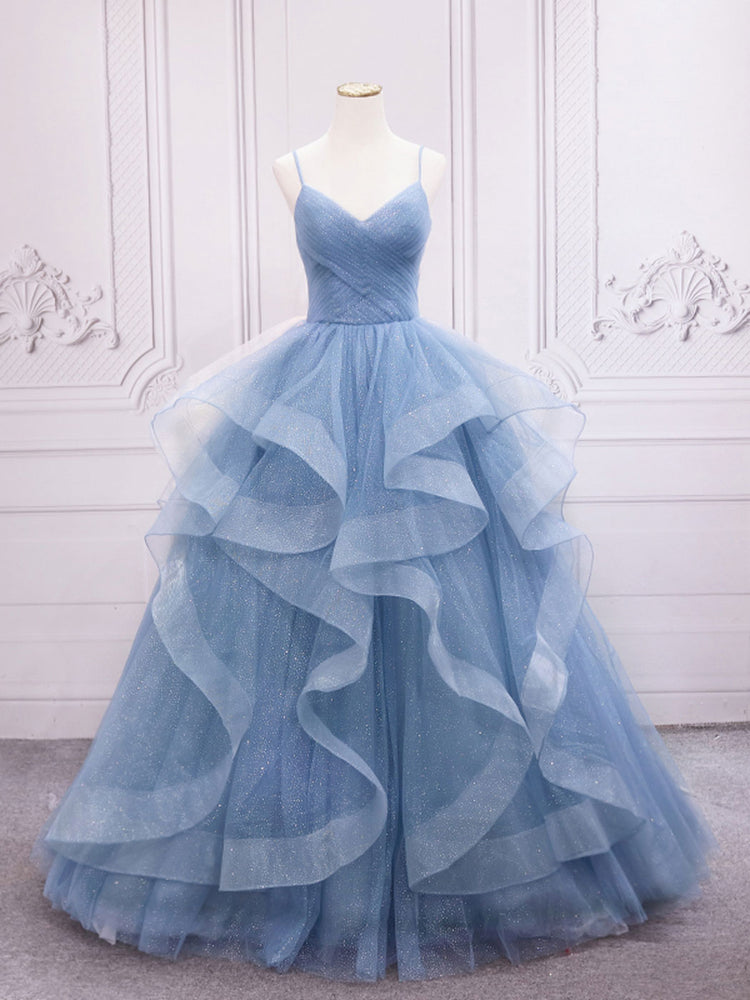 
                  
                    Blue tulle sequin long prom dress, blue tulle formal dress
                  
                