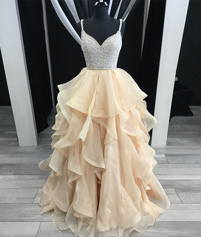 Unique champagne tulle sequin long prom dress, champagne evening dress - shdress