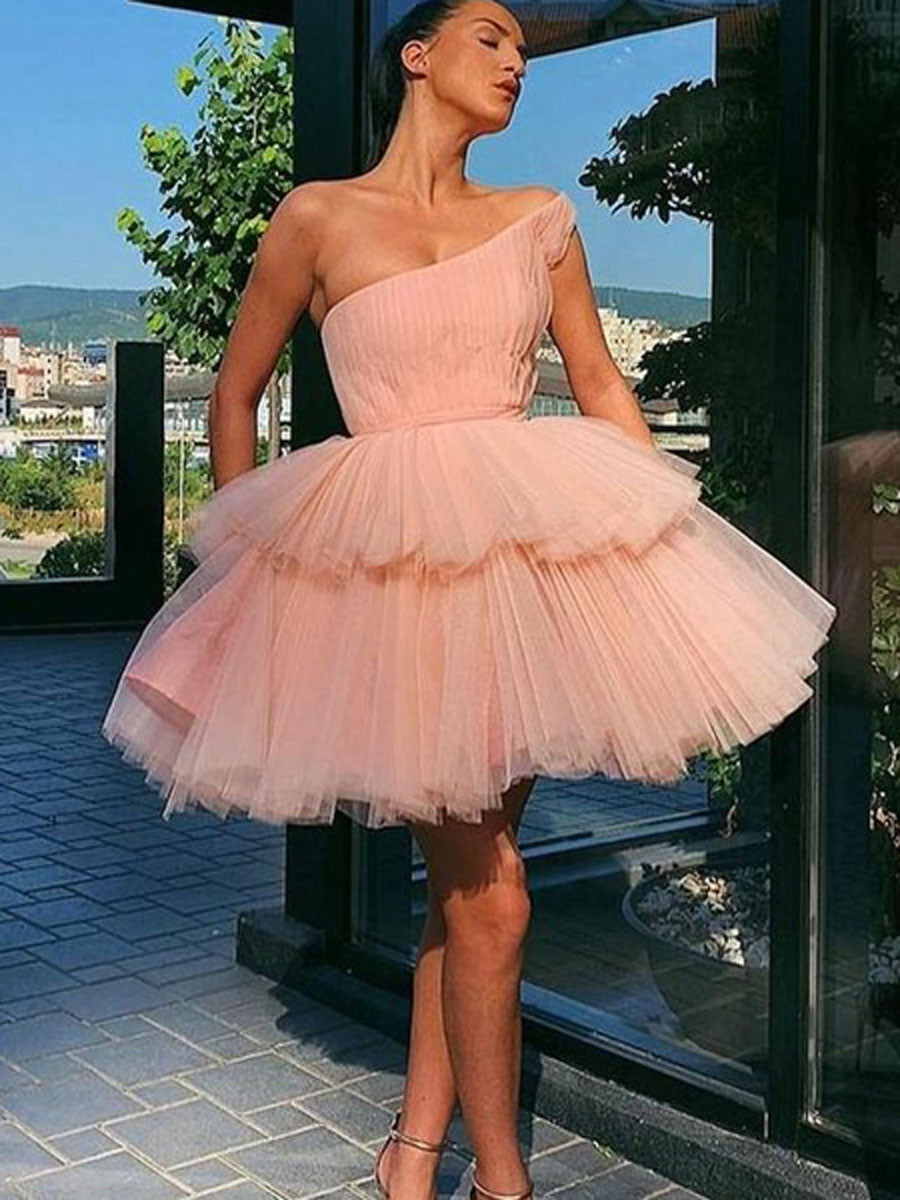 formal short pink dress Pink tulle one shoulder short prom dress, pink homecoming dress – shdress