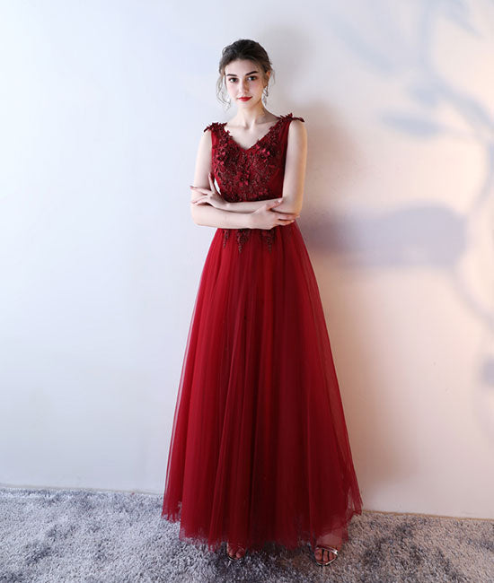 Burgundy v neck tulle lace applique long prom dress, burgundy evening shdress Burgundy v neck tulle lace applique long prom dress, burgundy evening shdress