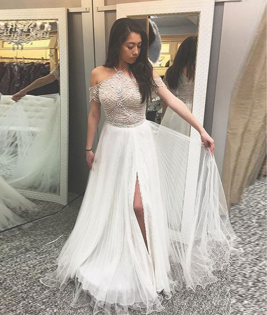 A-Line halter cold shoulder white prom dress with beading, white evening dress - shdress