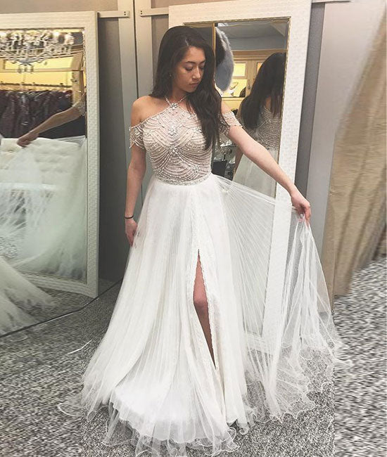 A-Line halter cold shoulder white prom dress with beading, white evening dress A-Line halter cold shoulder white prom dress with beading, white evening dress