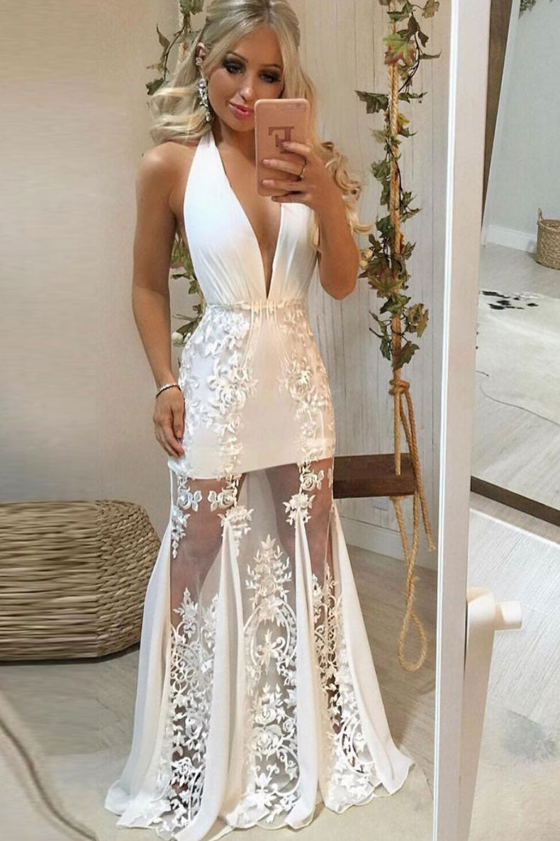 
                  
                    White v neck tulle lace long prom dress lace evening dress
                  
                