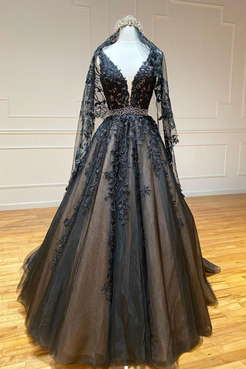Black v neck tulle lace beads long prom dress black evening dress shdress Black v neck tulle lace beads long prom dress black evening dress shdress