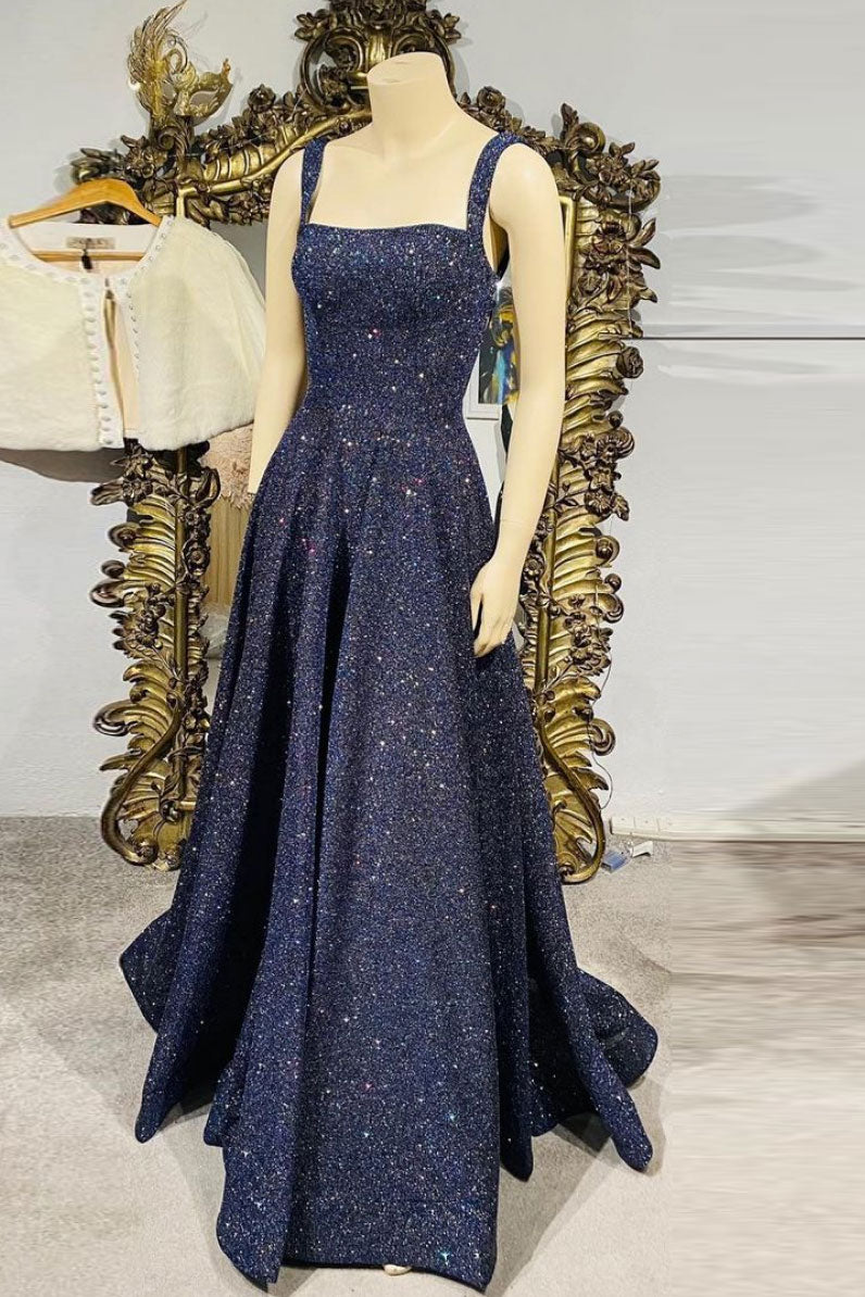 Dark blue sequin long prom dress , blue evening dress shdress Dark blue sequin long prom dress , blue evening dress shdress