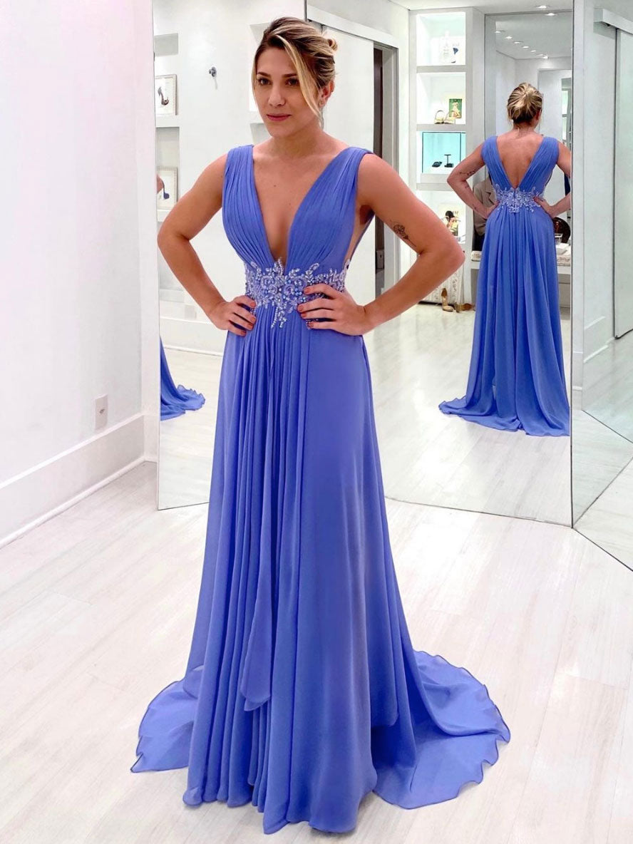 Blue v neck chiffon lace long prom dress, blue bridesmaid dress Blue v neck chiffon lace long prom dress, blue bridesmaid dress
