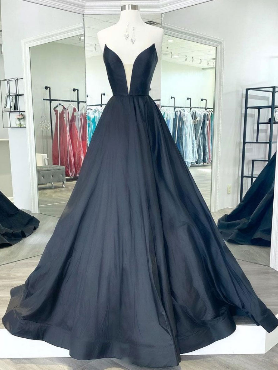 simple black prom dress Simple black satin long prom dress, black evening dress – shdress