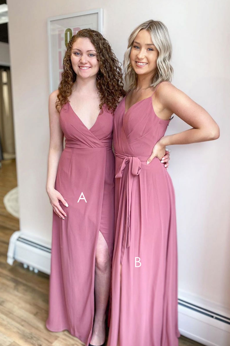 Simple pink chiffon long prom dress pink chiffon bridesmaid dress