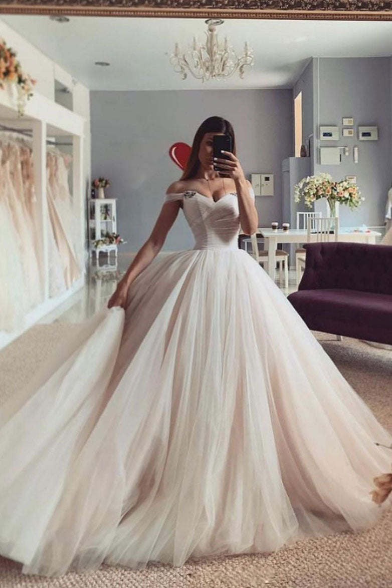 Champagne sweetheart neck off shoulder long prom gown, tulle formal dress
