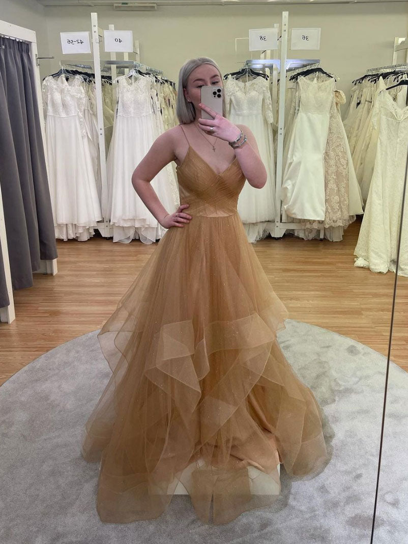 Gold v neck tulle sequin long prom dress gold evening dress shdress Gold v neck tulle sequin long prom dress gold evening dress shdress