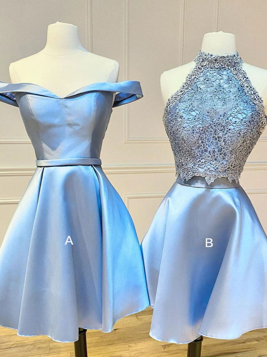 Blue lace satin short prom dress, blue homecoming dress shdress Blue lace satin short prom dress, blue homecoming dress shdress
