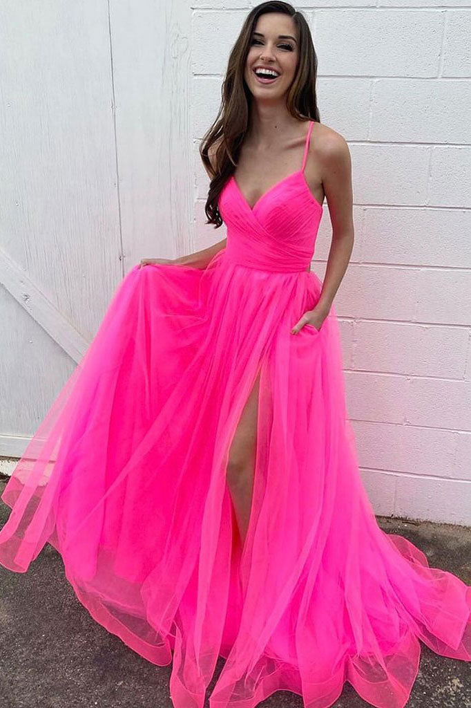 Simple v neck pink tulle long prom dress pink formal dress