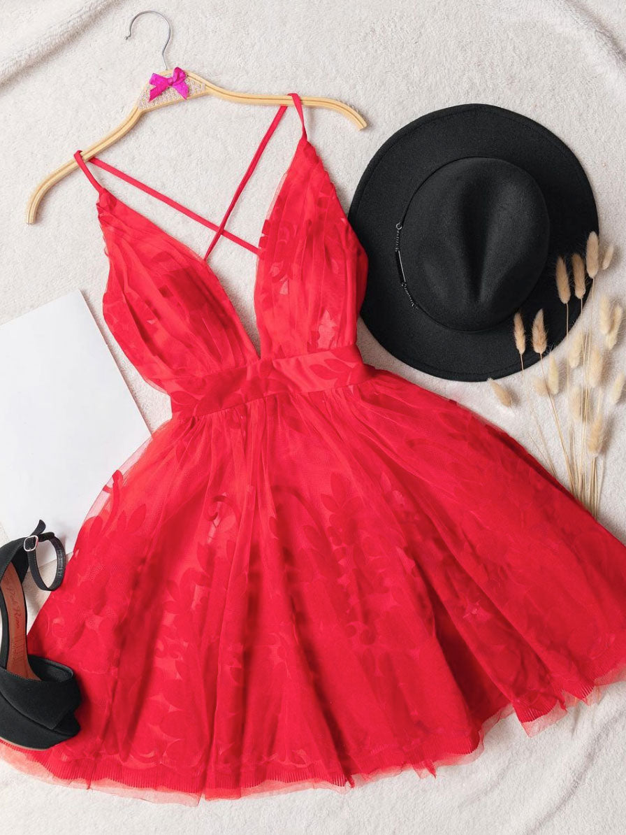 Red v neck tulle lace short prom dress, red homecoming dress – shdress